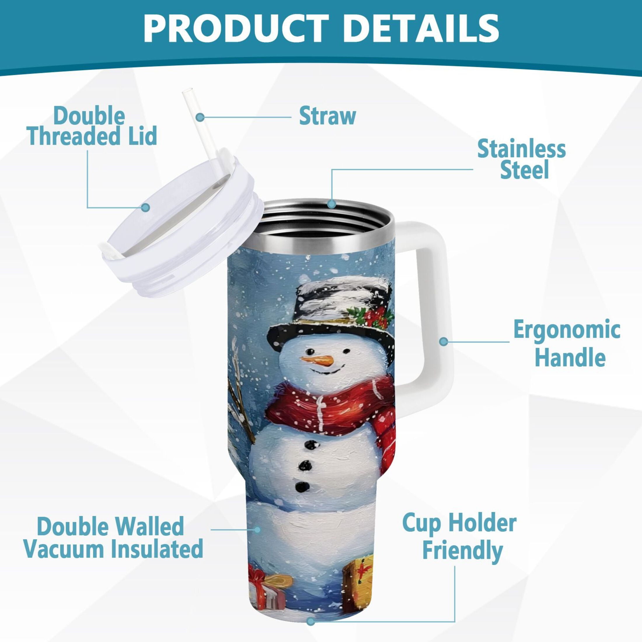 30 oz Insulated Stainless Steel Tumbler Double Wall Stainless Steel Tumbler with 2-Way Drinking Christmas Scene with Snowman QBTA