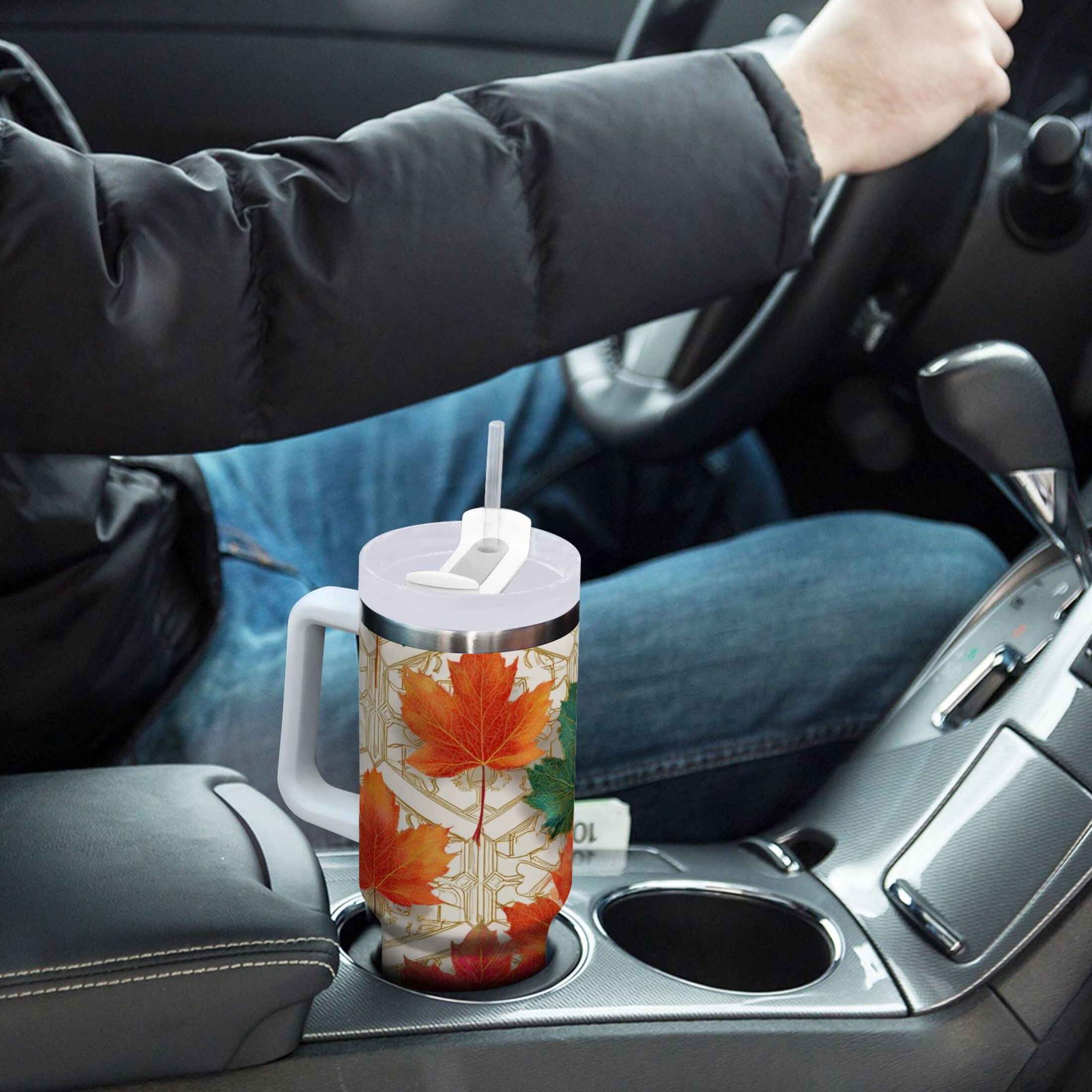 30 oz Insulated Stainless Steel Tumbler Double Wall Stainless Steel Tumbler with 2-Way Drinking Green and Red Maple Leaves 0H05