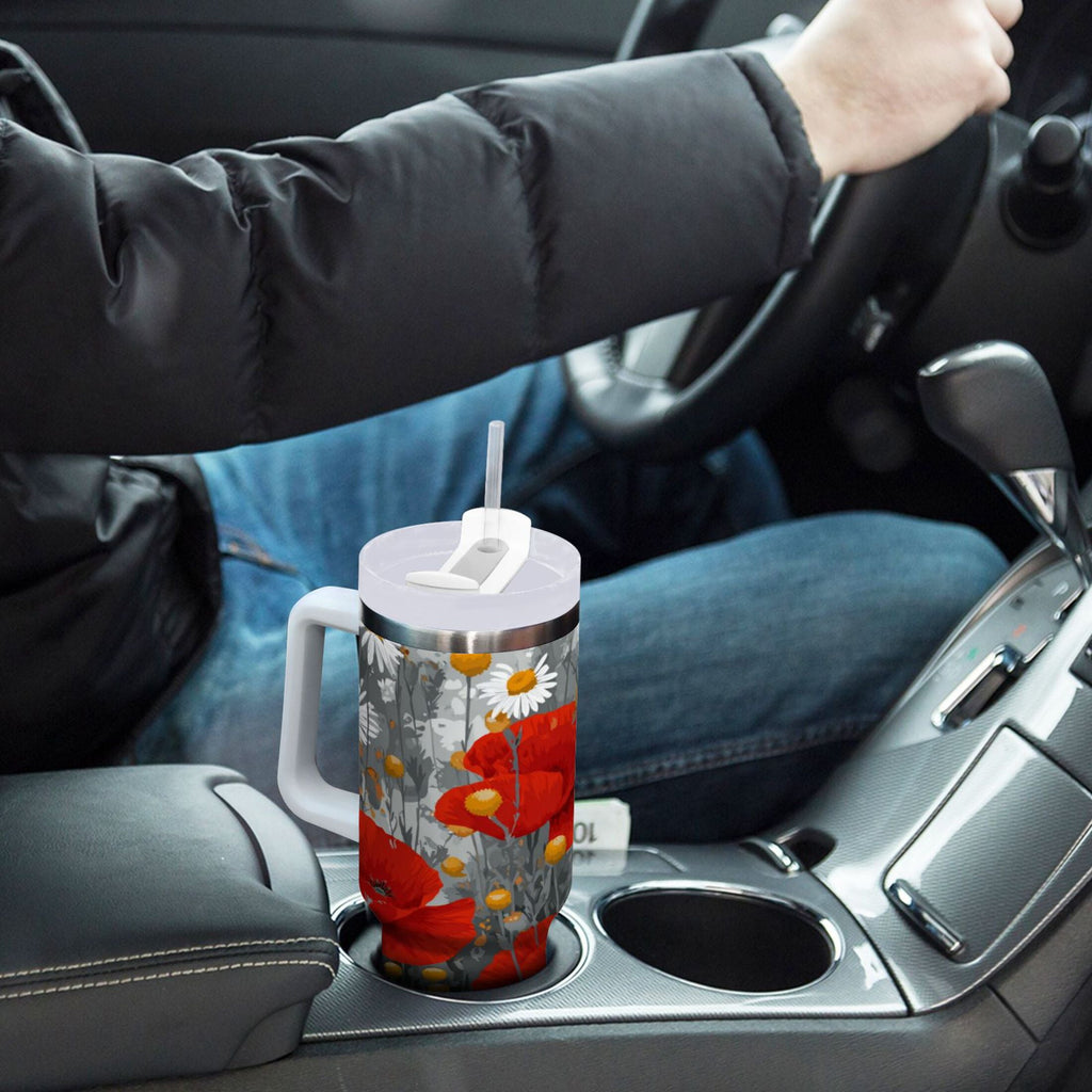 40 oz Insulated Stainless Steel Tumbler Double Wall Stainless Steel Tumbler with 2-Way Drinking Red Flowers and Daisies T4H9
