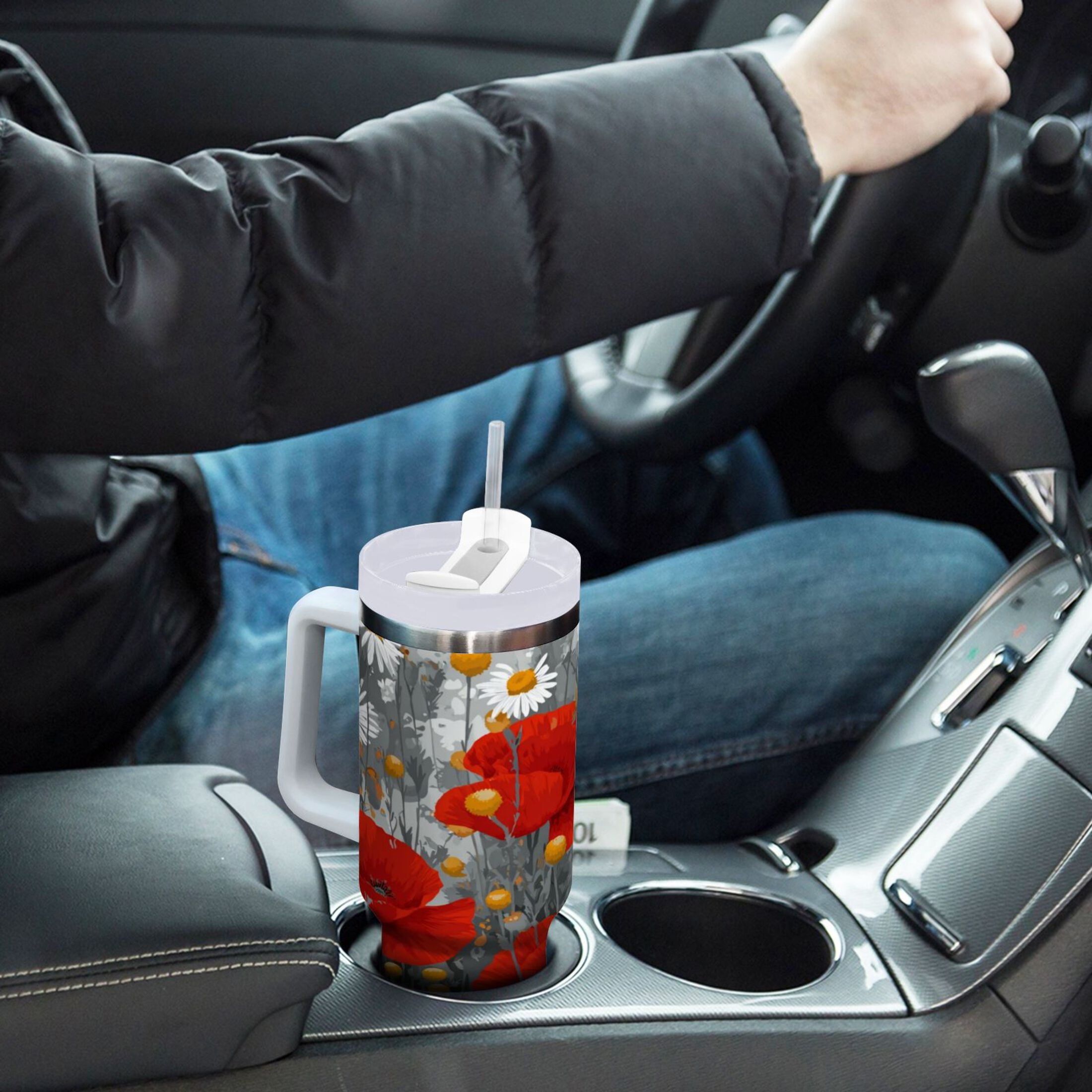 40 oz Insulated Stainless Steel Tumbler Double Wall Stainless Steel Tumbler with 2-Way Drinking Red Flowers and Daisies T4H9